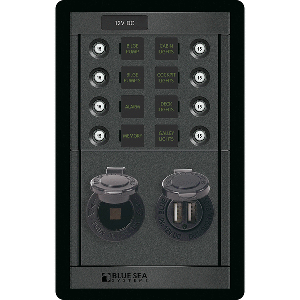 Blue Sea 1498 - 360 Panel - 8 Position 12V With Dual USB & Socket