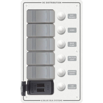 Blue Sea 8421 - 5 Position Contura Switch Panel w/Dual USB Chargers - 12/24V DC - White image 1