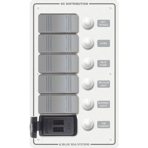 Blue Sea 8421 - 5 Position Contura Switch Panel W/dual Usb Chargers - 12/24v Dc - White