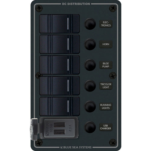 Blue Sea 8521 - 5 Position Contura Switch Panel W/Dual Usb Chargers - 12/24v Dc - Black