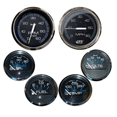 Faria Chesapeake Black w/Stainless Steel Bezel Boxed Set of 6 - Speed, Tach, Fuel Level, Voltmeter, Water Temperature &amp; Oil PSI - Inboard Motors image 1
