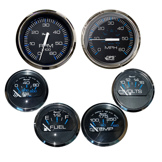 Faria Chesapeake Black w/Stainless Steel Bezel Boxed Set of 6 - Speed, Tach, Fuel Level, Voltmeter, Water Temperature &amp; Oil PSI - Inboard Motors image 1