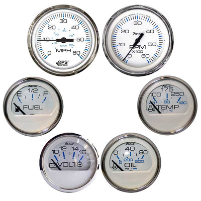 Faria Chesapeake White w/Stainless Steel Bezel Boxed Set of 6 - Speed, Tach, Fuel Level, Voltmeter, Water Temperature &amp; Oil PSI - Inboard Motors image 1