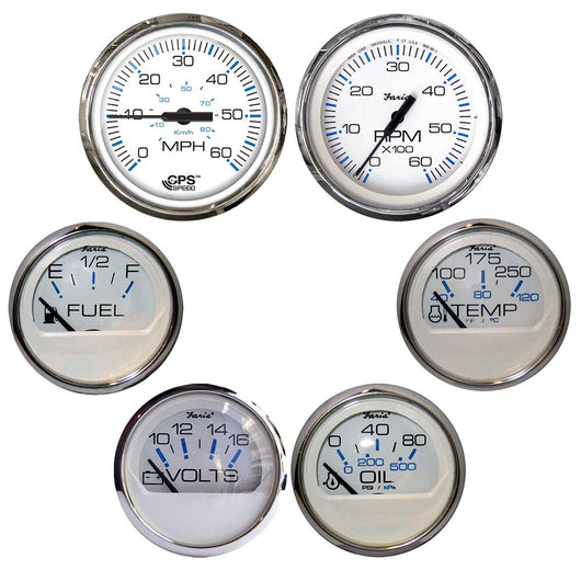 Faria Chesapeake White w/Stainless Steel Bezel Boxed Set of 6 - Speed, Tach, Fuel Level, Voltmeter, Water Temperature &amp; Oil PSI - Inboard Motors image 1