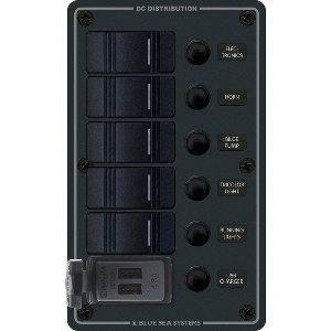 Blue Sea 8521 - 5 Position Contura Switch Panel W/Dual Usb Chargers - 12/24v Dc - Black