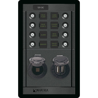 Blue Sea 1498 - 360 Panel - 8 Position 12V Panel w/Dual USB &amp; 12V Socket image 1