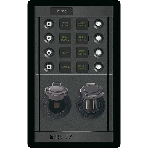 Blue Sea 1498 - 360 Panel - 8 Position 12V With Dual USB & Socket