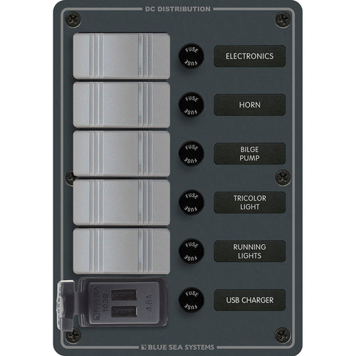 Blue Sea 8121 - 5 Position Contura Switch Panel W/ Dual USB Chargers